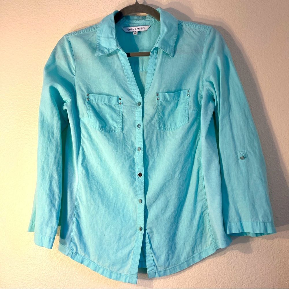 Emily Daniels Linen Rayon Button Down Roll Tab Sleeve Shirt Blue S